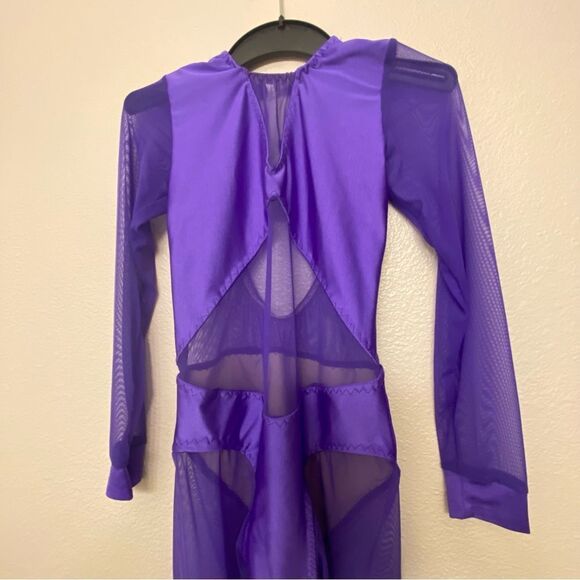 Custom solo dance costume purple unitard jumpsuit mesh  XXS adult LC child - Picture 2 of 13